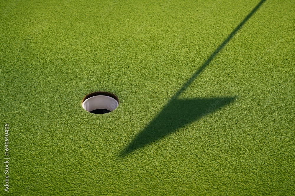 Poster close-up of golf hole on green field with flag shadow, minimal abstract composition in sunlight high