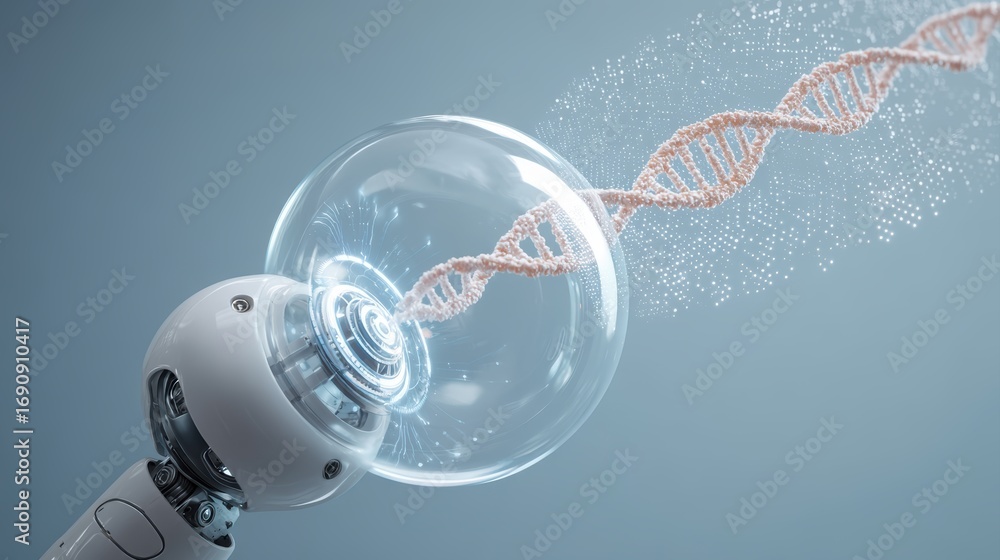 Poster a futuristic robotic device interacts with dna, symbolizing the convergence of technology and geneti