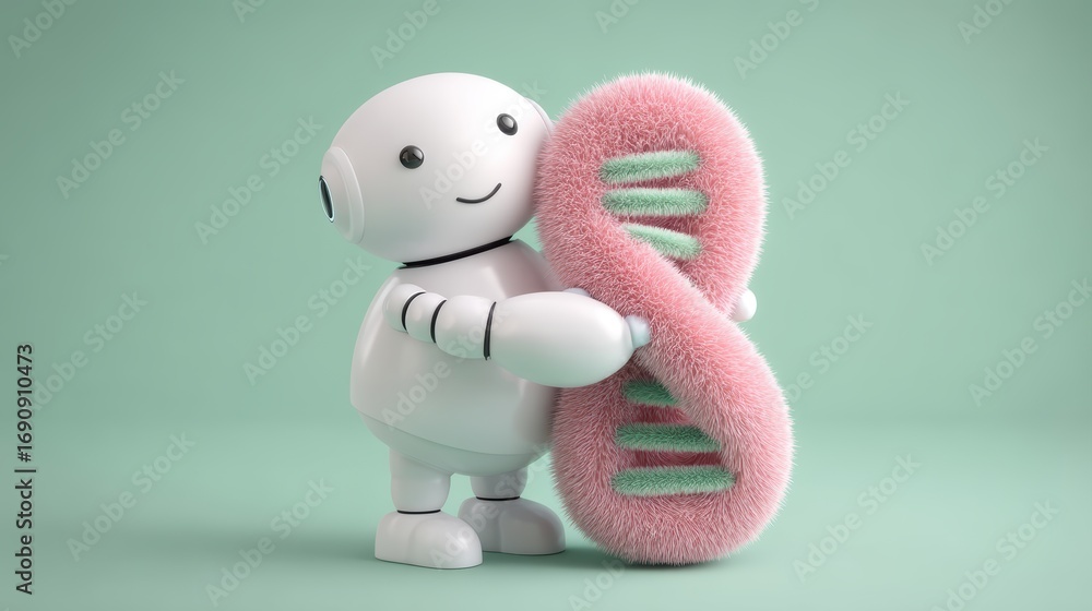 Poster a friendly robot holds a fluffy, pink double helix structure against a soft green background, symbol
