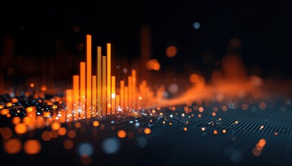 Abstract digital data visualization with orange bars and glowing particles