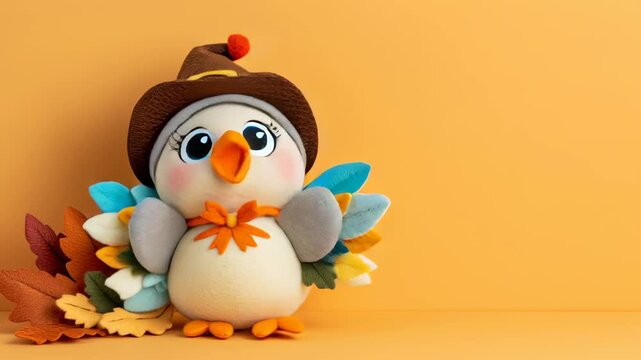 Colorful plush turkey toy with hat and felt feathers sitting against orange background, representing Thanksgiving and festive decoration
