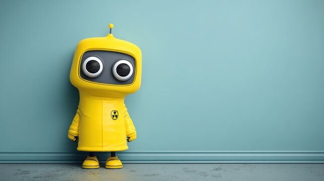 A whimsical yellow robot character stands against a teal wall, exuding a playful and futuristic vibe with its large eyes and quirky design with space for text, cute scientist robot