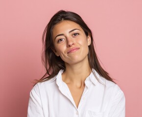 Fototapeta premium A woman with a thoughtful expression, wearing a white button-up shirt, poses against a vibrant pink backdrop.