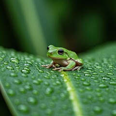 Closeup of a Vibrant Green Tree Frog Perched on a Dew-Covered Leaf in a Lush Green Forest Setting