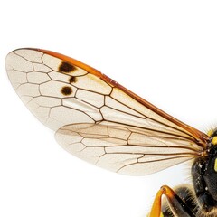 Detailed Close Up of a Wasp Wing with Intricate Veins and Amber Hues Against a White Background: A Study in Natural Texture and Form