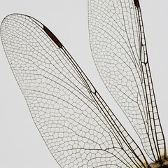 Detailed Close Up of Delicate Insect Wings Against a Neutral Gray Background Showing Intricate Vein Patterns and Subtle Brown Markings Highlighting