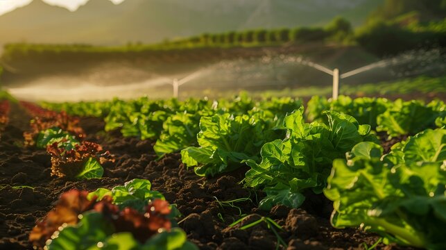 Colorful rows of leafy vegetables growing fresh in an outdoor organic farm, vegetable garden, lettuce garden beds - Powered by Adobe
