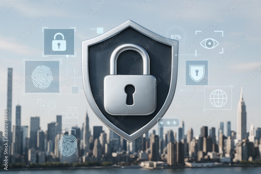 Poster cybersecurity shield with lock and digital icons hovering over city skyline, symbolizing modern data