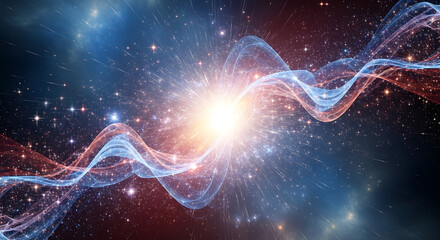 Abstract science concept of quantum energy waves and particle flow from a singularity event in deep space