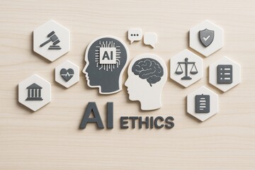 AI ethics concept with icons of justice, privacy, and governance on light wooden background in modern tech style. Ai generative.