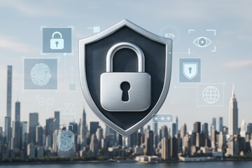 Cybersecurity shield with lock and digital icons hovering over city skyline, symbolizing modern data protection concept and secure technology systems.