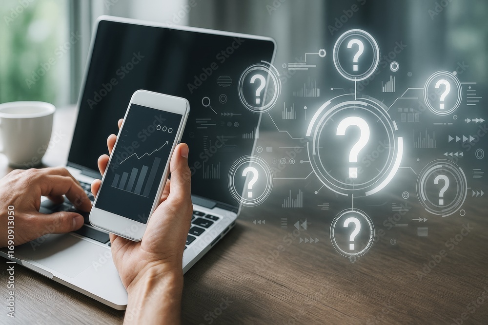 Poster businessman using smartphone with analytics app near laptop, futuristic question mark icons represen