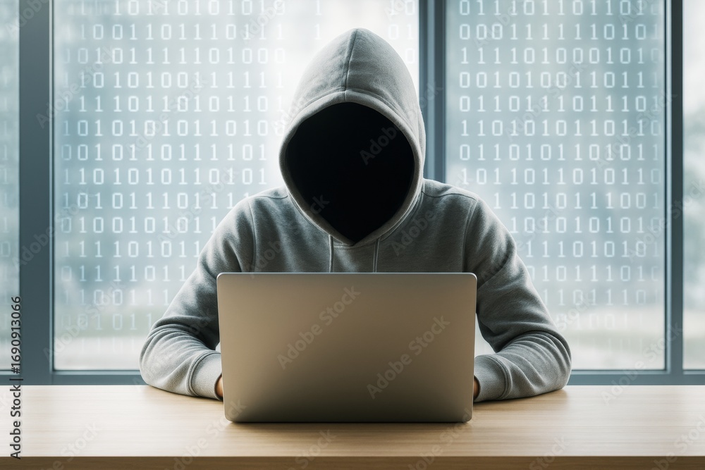 Poster faceless hacker in hoodie using laptop in modern office with binary code on glass wall background, s