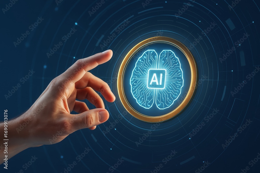 Poster human hand reaching toward glowing ai brain symbol with circuit pattern in circular digital interfac