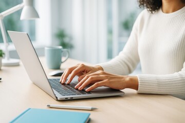 Fototapeta premium Woman working on laptop in bright modern office setting with soft natural light in background, representing business and technology concept.