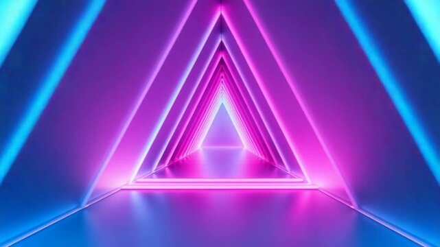 abstract neon background, flying forward through triangular corridor, tunnel, appearing glowing pink blue shapes, ultraviolet spectrum