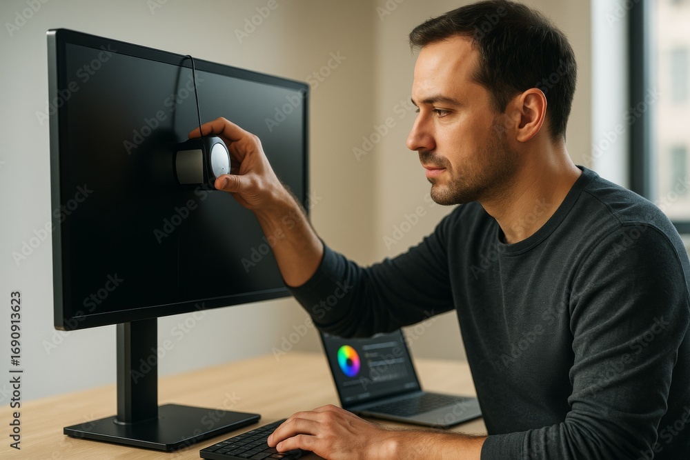 Poster man calibrating color on a computer monitor using a colorimeter tool in a modern office with soft na