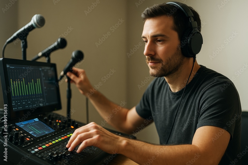 Poster sound engineer adjusting audio mixer and microphones in recording studio with headphones, focused on