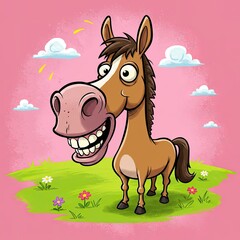 Playful Brown Horse Cartoon Illustration on Pink Background with Green Grass and Flowers