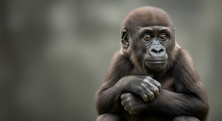 Obraz premium A young gorilla sits with its arms crossed, looking directly at the viewer against a blurred, neutral background.