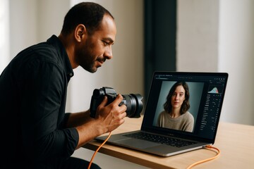 Photographer reviewing portrait photo on laptop screen connected to DSLR camera in bright room with natural light and plain background. Ai generative