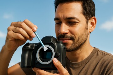 Man cleaning DSLR camera sensor using swab tool with care and precision on bright sunny day outdoors with clear blue sky background. Ai generative