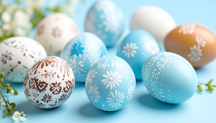 Beautiful Easter eggs with flowers. Decorative Easter eggs in blue tones. Spring-themed Easter egg art. Elegant Easter eggs with floral patterns. Hand-painted Easter eggs on display
