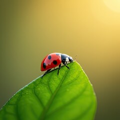 Red Ladybug on Vibrant Green Leaf Illuminated by Warm Sunlight A Detailed Close Up Photography