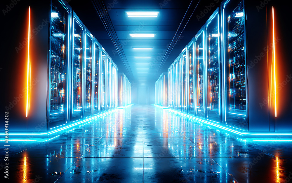 Poster modern data center with illuminated server racks and neon lights