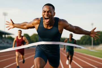 Athlete celebrating victory as he crosses finish line in track race, expressive emotion and dynamic energy captured in bright outdoor light setting. Ai generative