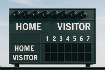 Obraz premium Empty green baseball scoreboard with innings and team labels under stadium lights on a clear day background, concept of sport competition. Ai generative