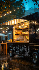 Night Food Truck Serving Fresh Snacks with Warm Lighting in Outdoor Market