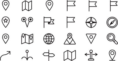 Fototapeta premium Map and Location Icons Set Black Silhouette on Transparent Background Vector Illustration