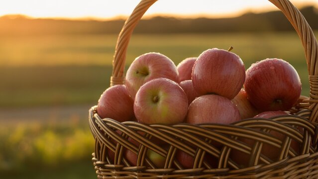 Freshly picked apples glistening with dew in a rustic wicker basket at sunset, inviting autumn harvest festivals and delicious pies, perfect for fall baking promotions