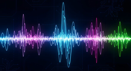 Vibrant multi-colored digital audio waveform glowing on a dark background, representing sound frequency and signal analysis