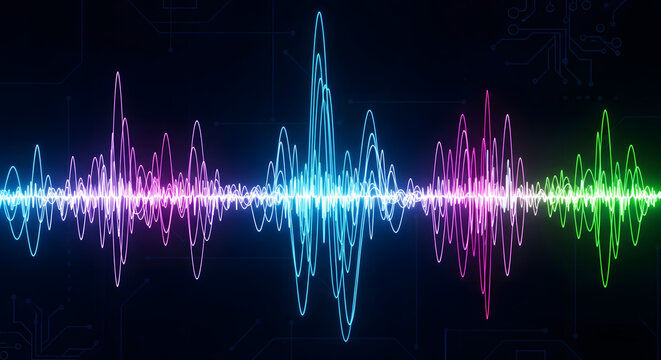 Vibrant multi-colored digital audio waveform glowing on a dark background, representing sound frequency and signal analysis