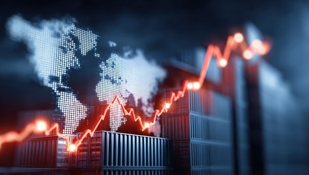 Global economic downturn visualized by a downward trend graph against a world map and buildings