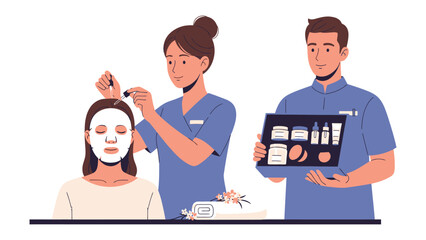 Skincare professionals applying a facial mask to a client while another holds a collection of beauty products and tools for a spa treatment