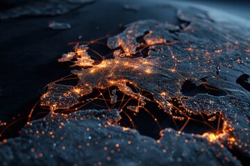 European continent with glowing city lights and connection lines
