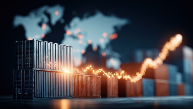 Global shipping growth. A glowing line depicting rising cargo container numbers against a world map