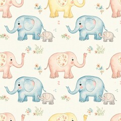 Watercolor Seamless Pattern of Pastel Elephants and Flowers on a Light Beige Background: Baby Shower Theme Nursery Decor Print