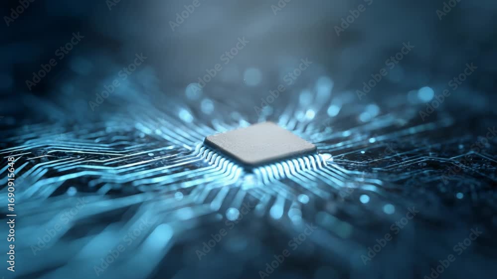 Poster advanced electronic circuit showcasing central processing unit processing digital data, emitting glo