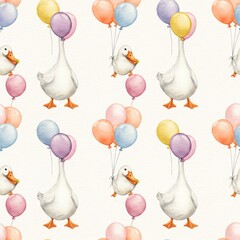 White Goose and Duckling with Pastel Balloons Watercolor Seamless Pattern Illustration