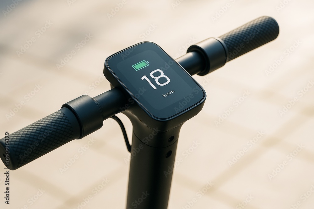 Aufkleber close-up of electric scooter handlebar with speedometer display showing 18 km/h and battery icon on 