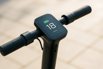 Close-up of electric scooter handlebar with speedometer display showing 18 km/h and battery icon on sunny day with soft urban background light. Ai generative