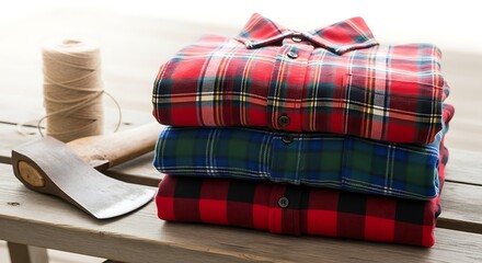 Stacked Plaid Flannel Shirts with Axe and Twine on Wooden Surface