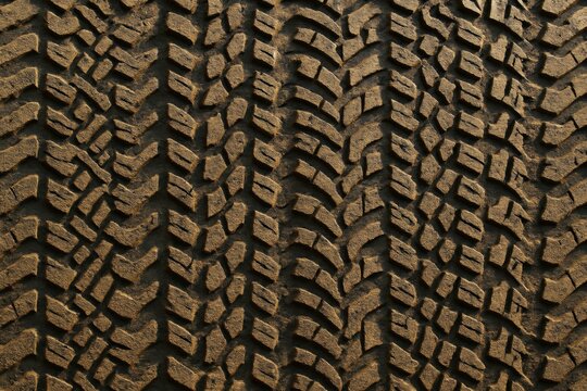 Close-up of rugged tire tracks in dried mud under natural light, showing detailed patterns and textures on a dark earthy background. Ai generative