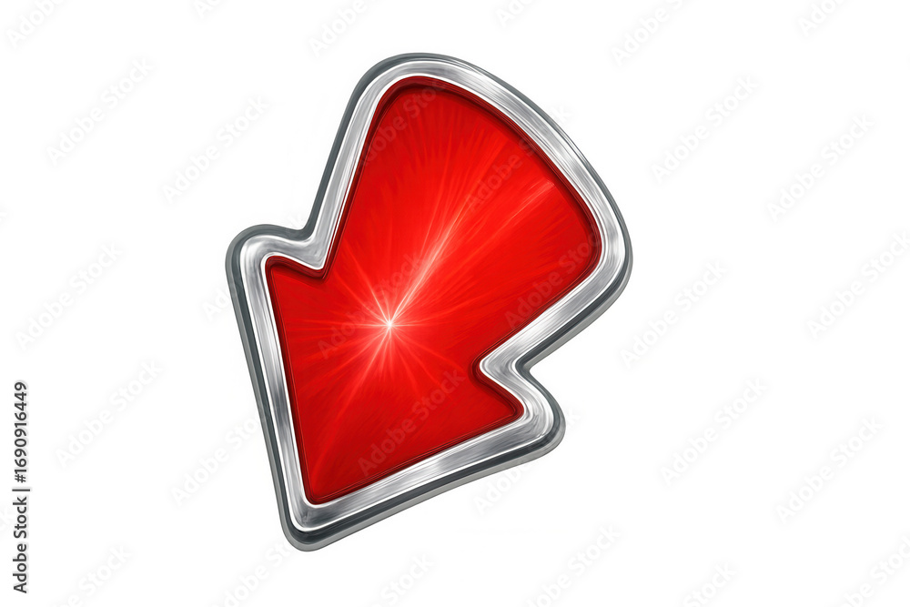 Poster Chrome-framed red downward arrow on transparent surface, highlighting digital interface graphic design element