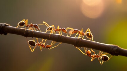 Teamwork makes the dream work as these ants collaborate on a branch, symbolizing unity, resilience, and the power of small actions in achieving big goals in a warm, golden light