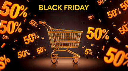 Black Friday shopping cart with promotional fifty percent off illustration symbolizing seasonal retail discounts consumer culture and holiday sales event